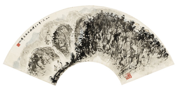  策杖观瀑 扇面 设色纸本
