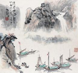  渔舟 镜心 设色纸本