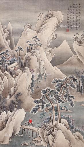  雪山行旅图 立轴 设色绢本