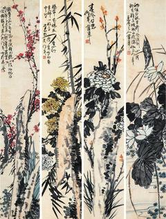  花卉 四屏 立轴 水墨纸本