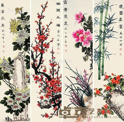  2013年作 梅兰竹菊 四屏 立轴 设色纸本 129×33cm