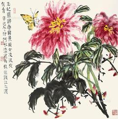  2001年作 花蝶图 立轴 设色纸本