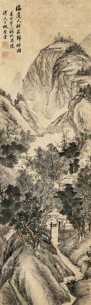  村庄归棹图 立轴 设色纸本