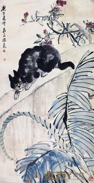  猫蝶 立轴 设色纸本 58×114cm