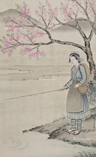  桃荫垂钓 镜心 纸本