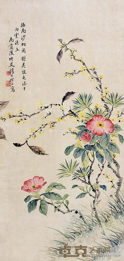  花卉 屏轴 设色纸本 66×30cm