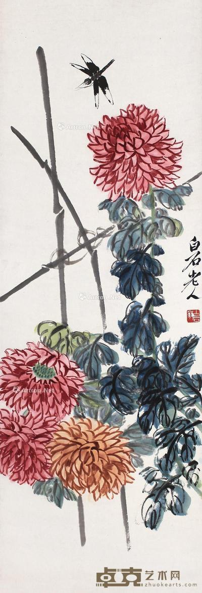  菊花蜻蜓 镜片  设色纸本 34×102cm