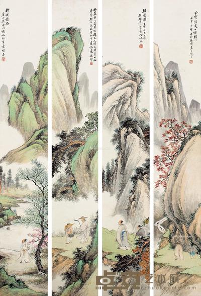  山水 四屏 屏轴 设色纸本 134×21cm×4