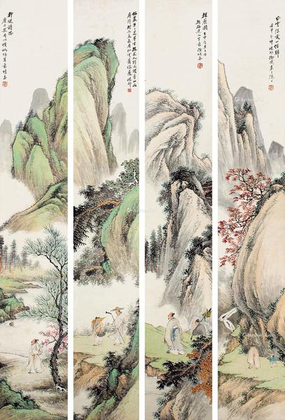  山水 四屏 屏轴 设色纸本