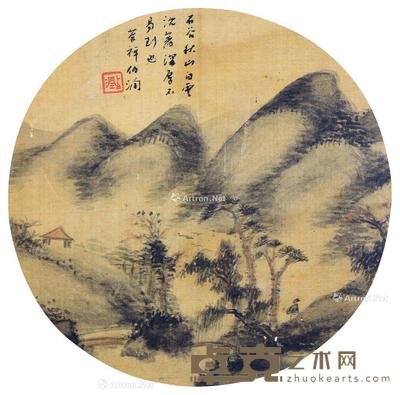  山水 团扇面 水墨绢本 直径19cm