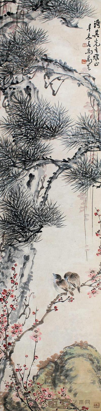  花鸟 立轴  设色纸本 32.5×135.5cm