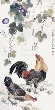  双鸡 屏轴 设色纸本