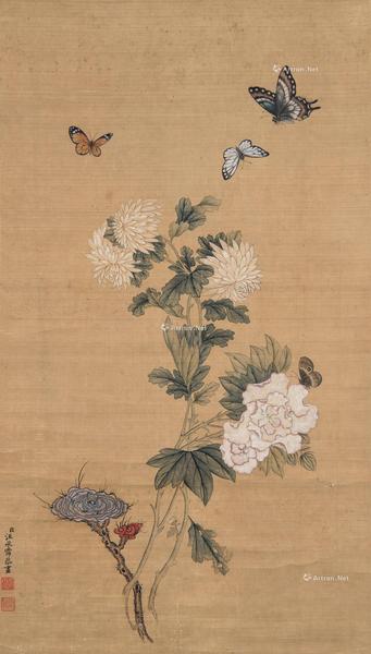  菊芝蝴蝶 立轴 设色绢本