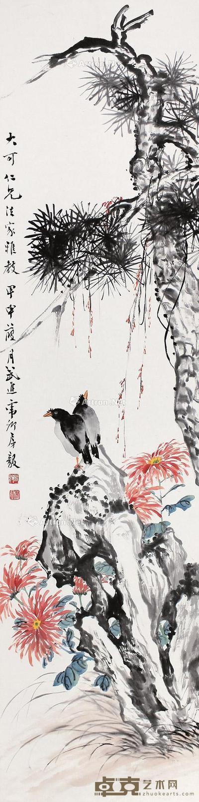  花鸟 屏轴  设色纸本 137×35cm