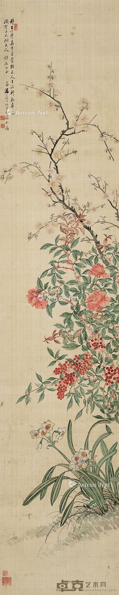  花卉 立轴 绢本 158.5×31.5cm