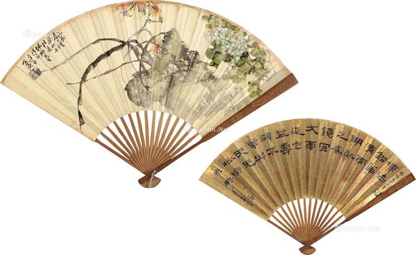  花卉 书法 成扇 纸本
