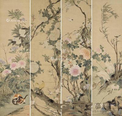 花鸟 四屏立轴 纸本 45×174cm×4
