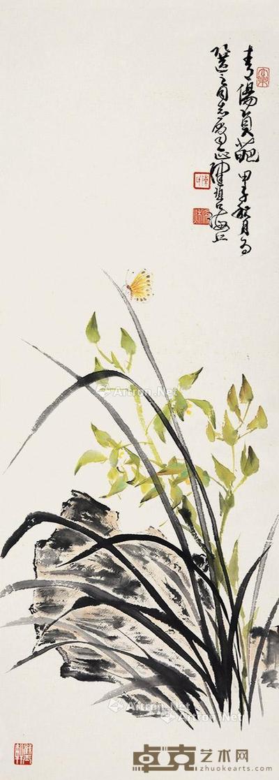 兰石 立轴 设色纸本 95×34cm