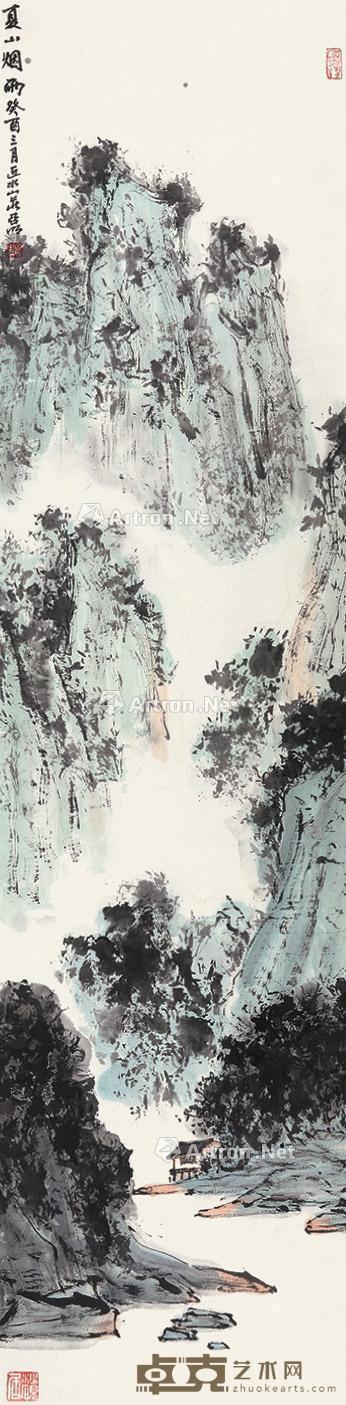  夏山烟雨 立轴 设色纸本 137×34cm