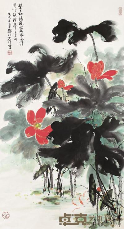  荷花 镜框 设色纸本 129×69cm