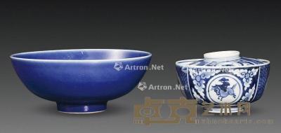  清 蓝釉碗 青花开窗人物盖碗 直径16.5cm；11cm