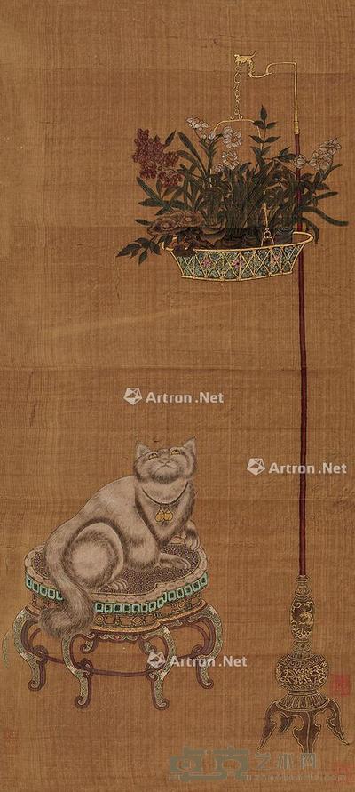 猫趣图 立轴 设色绢本 106×47cm