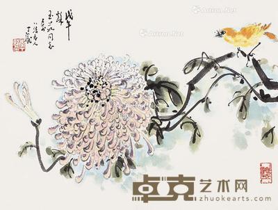 菊花小鸟 镜片 设色纸本 24×32cm
