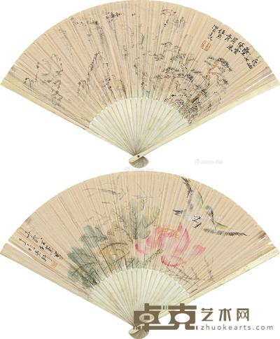 山水 花鸟 成扇 设色纸本 --