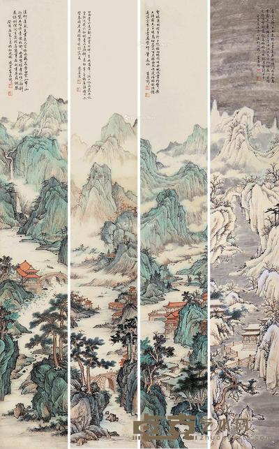 山水 四屏 立轴 设色纸本 114×17cm×4