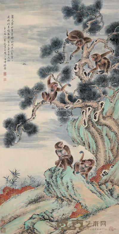  猿乐图 立轴 设色纸本 136×69cm