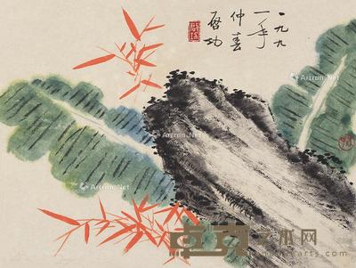 竹石 镜片 设色纸本 34×45cm