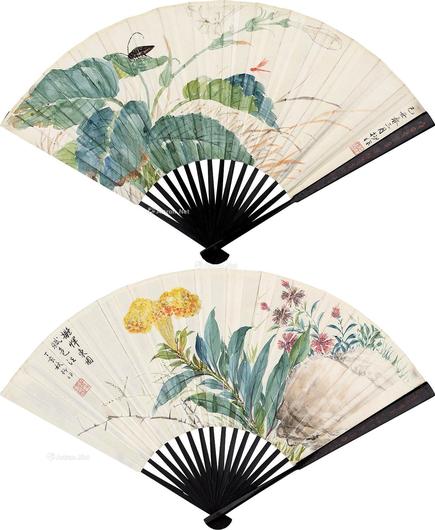 花卉 虫草 成扇 设色纸本