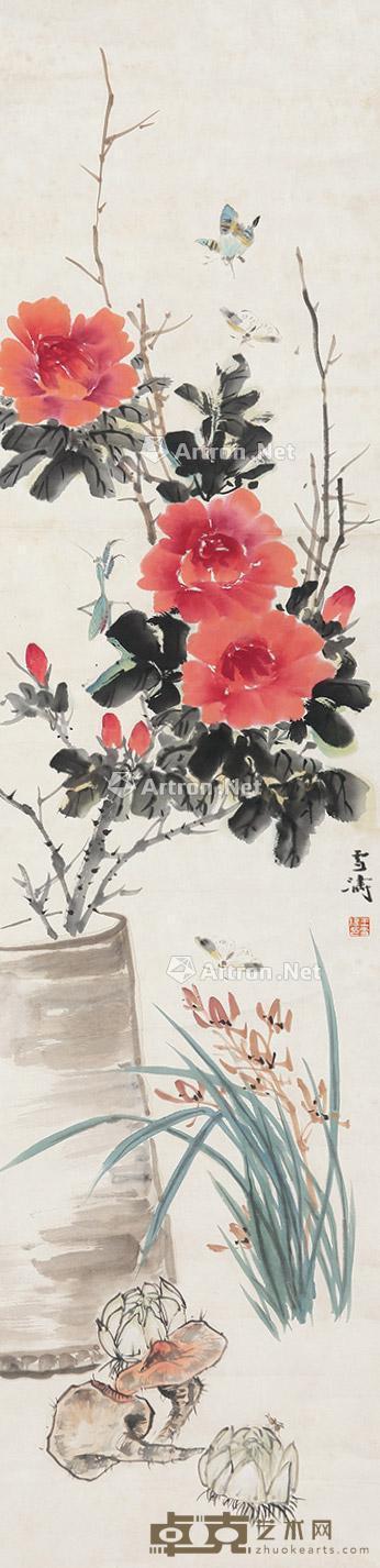  花蝶 立轴 设色纸本 133×32cm