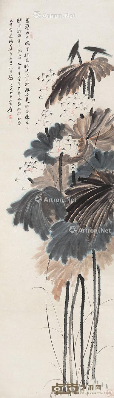 荷花 立轴 设色纸本 236×68cm