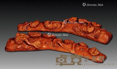  民国 黄杨雕灵芝镇纸 （一对) 长25cm