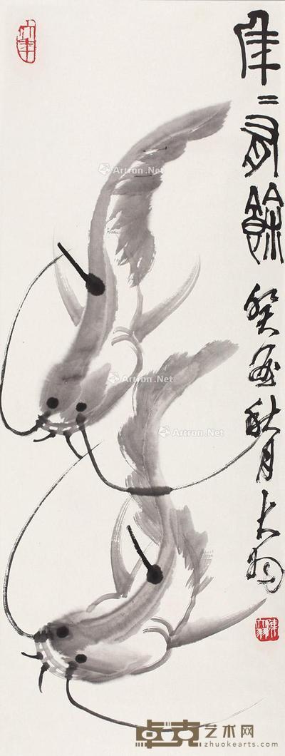 双鱼图 立轴 水墨纸本 94×35cm