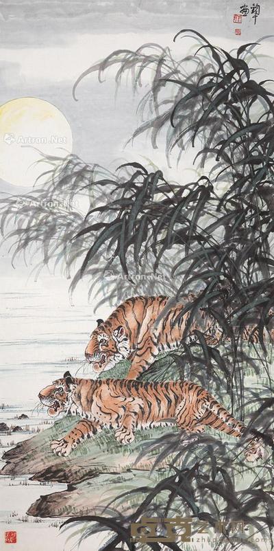 双虎 立轴 设色纸本 136×68cm
