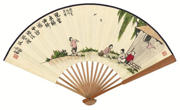  1965年作 墙阴种瓜 书法 成扇 设色纸本、水墨洒金笺