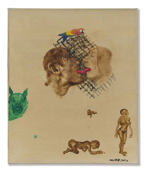  1998年作 绿狗、鹦鹉与情人 油画画布