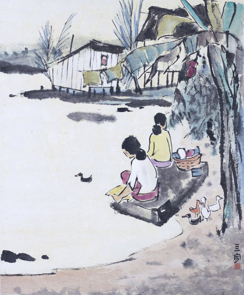  村庄 彩墨纸本