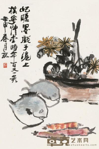  壬申（1992）年作 菊黄鱼肥 立轴 设色纸本 69×46cm