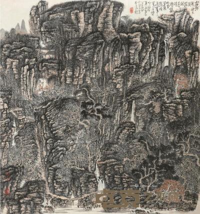  丙辰（1976）年作 密林飞瀑 镜片 设色纸本 95×88cm
