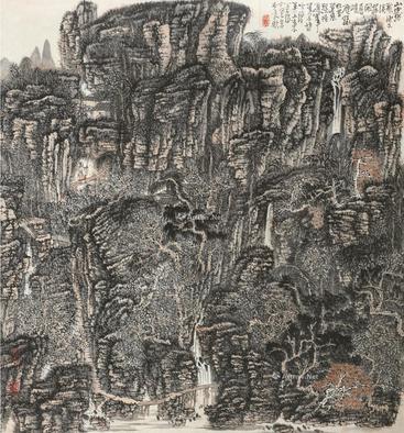  丙辰（1976）年作 密林飞瀑 镜片 设色纸本