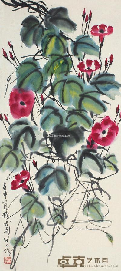 壬申(1992)年作 牵牛花 镜片 设色纸本 90×40cm