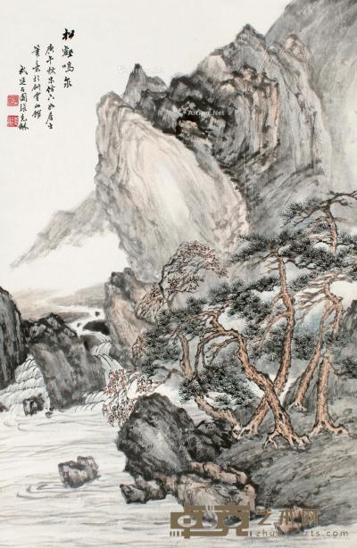  庚午（1930）年作 松鹤鸣泉 立轴 设色纸本 65×42cm