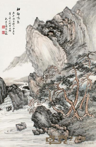 庚午(1930)年作 松鹤鸣泉 立轴 设色纸本 65×42cm