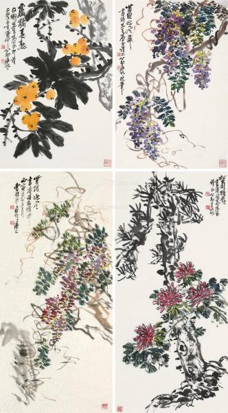  乙亥（1995）年作 花卉 （四幅） 镜片 设色纸本