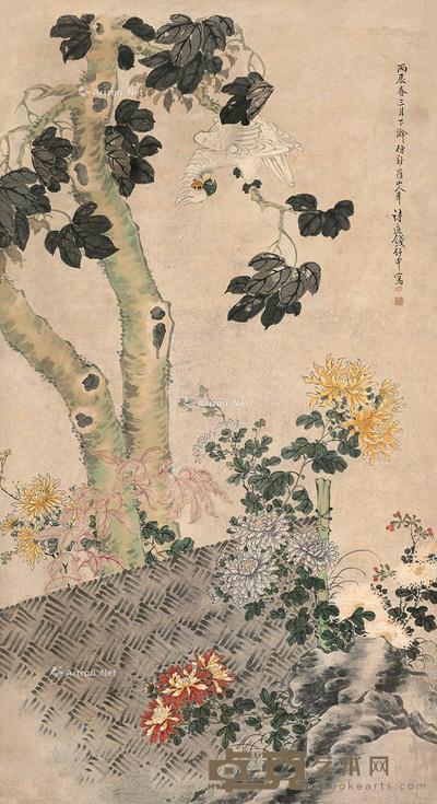  丙辰（1916）年作 桐荫鹦鹉 立轴 设色纸本 148×79cm