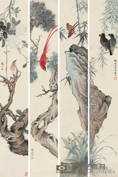  己卯（1939）年作 花鸟 四屏 立轴 设色纸本 92×14.5cm×4