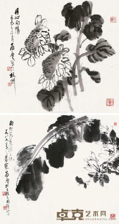  己巳（1989）年作 丹心向阳·芭蕉栀子 镜片 水墨纸本 45.5×50.5cm；44×47cm